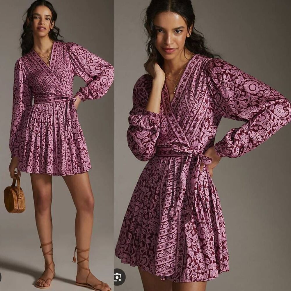 Omika Long-Sleeve Wrap Mini Dress L NWOT
